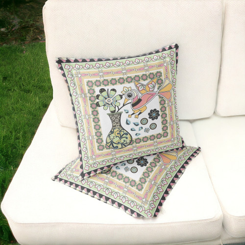 Set of Two 16" X 16" Green and White Peacock Blown Seam Floral Indoor Outdoor Throw Pillow Polyester Home Accent