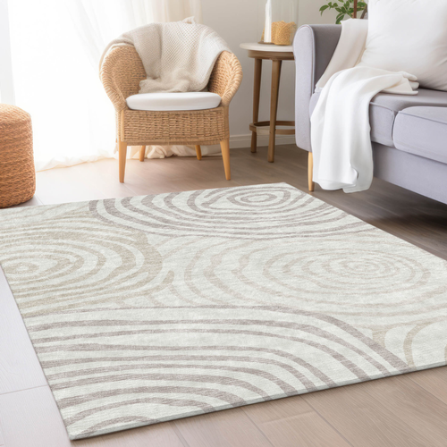 5' X 8' Ivory Beige And Khaki Abstract Washable Indoor Outdoor Area Rug