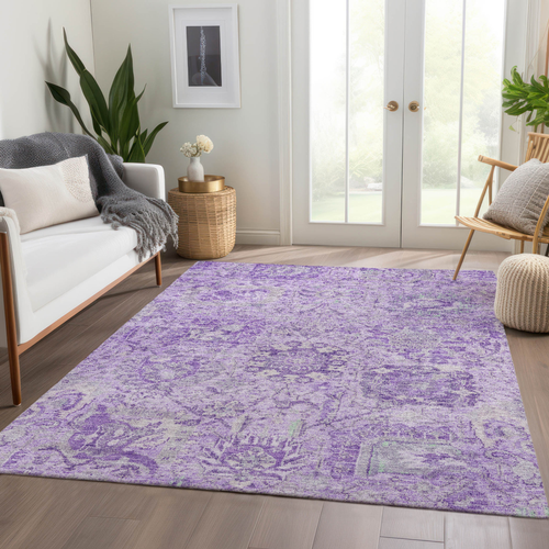 3' X 5' Lavender And Gray Damask Washable Indoor Outdoor Area Rug