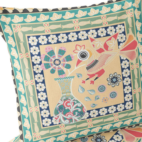 Set of Two 16" X 16" Green and Pink Peacock Blown Seam Floral Indoor Outdoor Throw Pillow