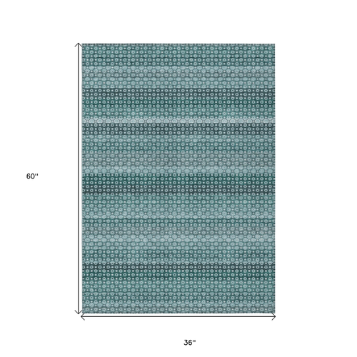 3' X 5' Teal Blue And Aqua Striped Washable Indoor Outdoor Area Rug