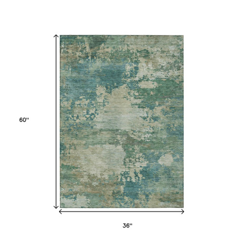 3' X 5' Teal Blue Beige And Denim Blue Abstract Washable Indoor Outdoor Area Rug