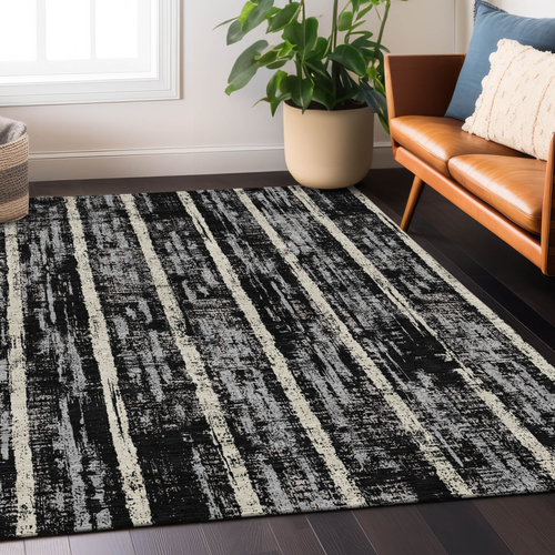 5' X 8' Black Gray And Ivory Striped Washable Indoor Outdoor Area Rug