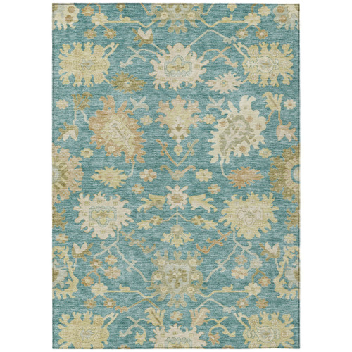 3' X 5' Teal Blue Ivory And Green Floral Washable Indoor Outdoor Area Rug