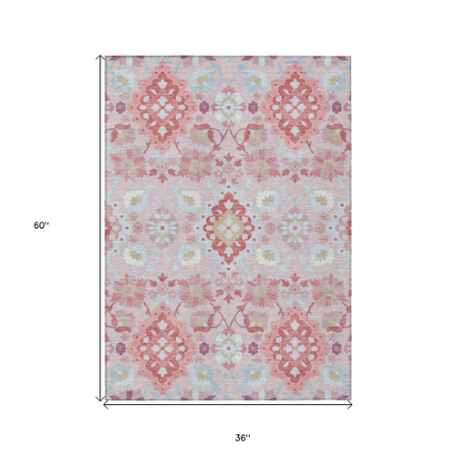 3' X 5' Blush Sky Blue And Brown Oriental Washable Indoor Outdoor Area Rug