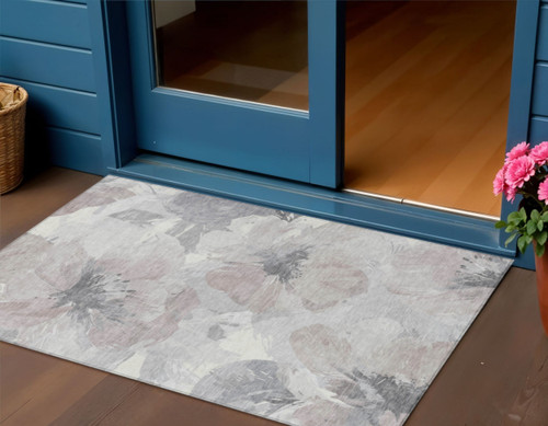 Taupe Floral Washable Indoor Outdoor Area Rug