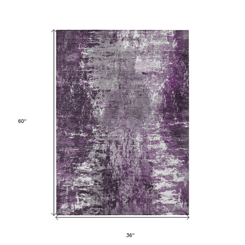 3' X 5' Eggplant Purple And Lavender Abstract Washable Indoor Outdoor Area Rug