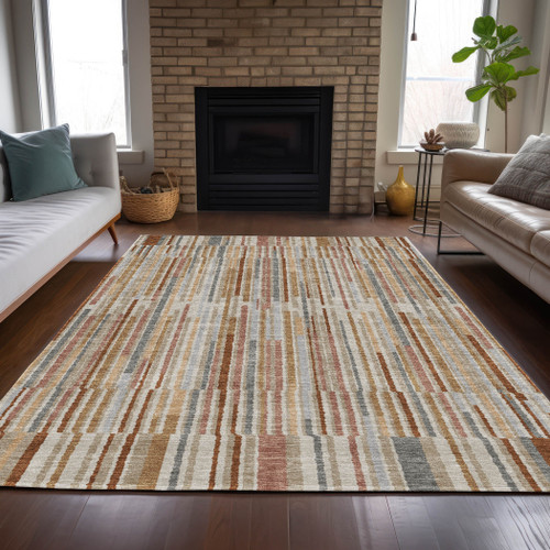 5' X 8' Rust And Ivory Striped Washable Indoor Outdoor Area Rug - Rust, Ivory