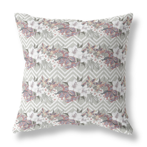 26" X 26" Grey And Pink Blown Seam Floral Indoor Outdoor Throw Pillow