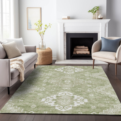3' X 5' Artichoke Green Beige And Ivory Medallion Washable Indoor Outdoor Area Rug