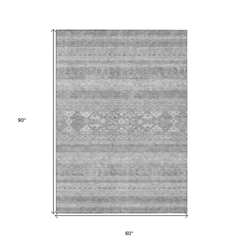 5' X 8' Silver Gray And Ivory Southwestern Washable Indoor Outdoor Area Rug