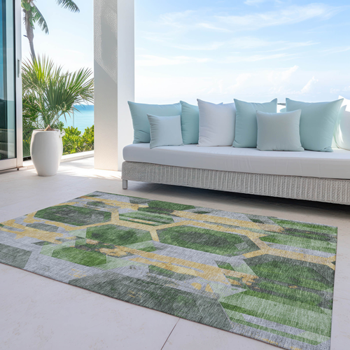 3' X 5' Green Gold And Silver Geometric Washable Indoor Outdoor Area Rug