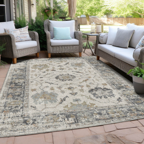 5' X 8' Ivory And Gray Floral Washable Indoor Outdoor Area Rug - Ivory, Gray