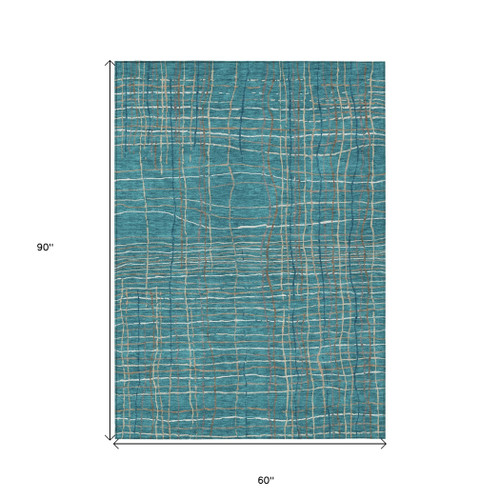 5' X 8' Teal Blue Gray And Brown Striped Washable Indoor Outdoor Area Rug