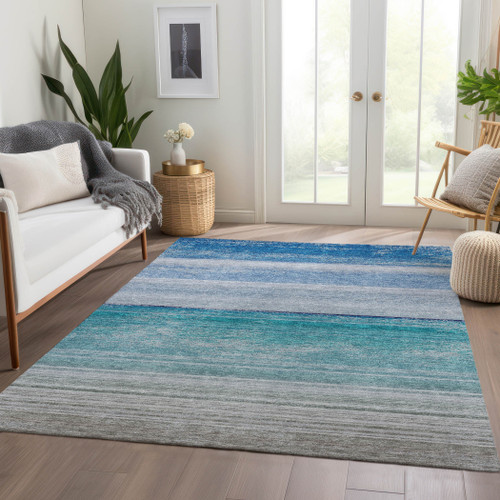 3' X 5' Sky Blue Striped Washable Indoor Outdoor Area Rug