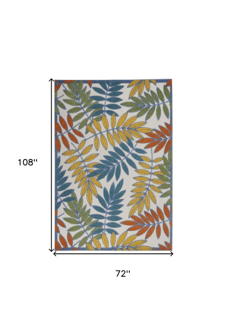 6' X 9' Ivory Blue Orange And Green Botanical Leaves Indoor Outdoor Area Rug