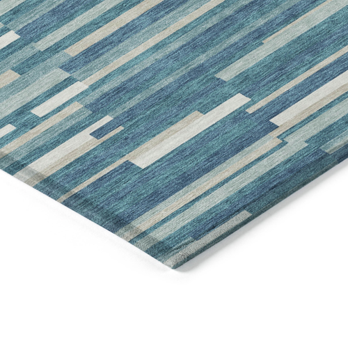 5' X 8' Teal Blue And Ivory Striped Washable Indoor Outdoor Area Rug