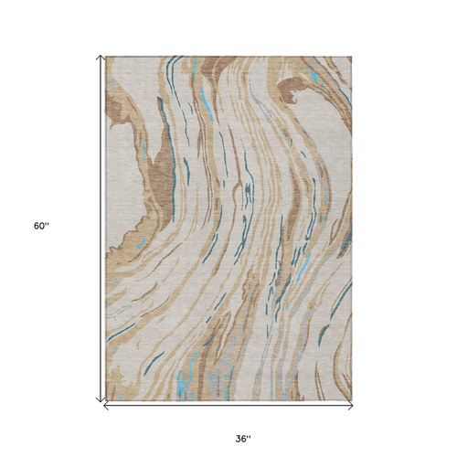 3' X 5' Beige Teal Blue And Ivory Abstract Washable Indoor Outdoor Area Rug