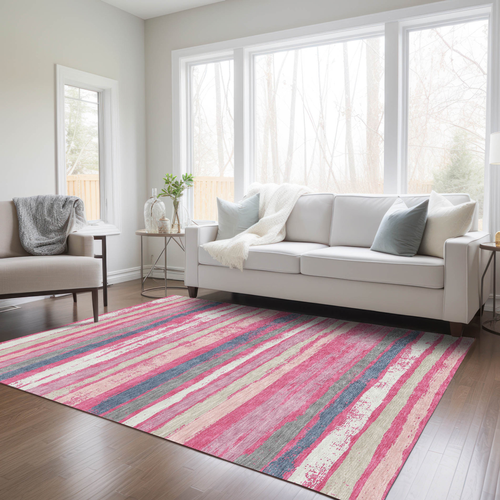 3' X 5' Pink Gray And Green Striped Washable Indoor Outdoor Area Rug