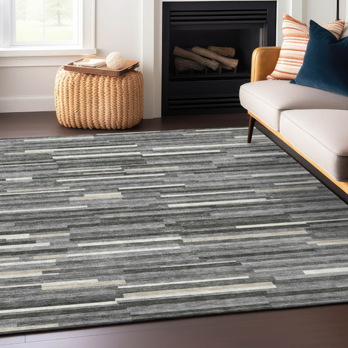 3' X 5' Gray And Ivory Striped Washable Indoor Outdoor Area Rug
