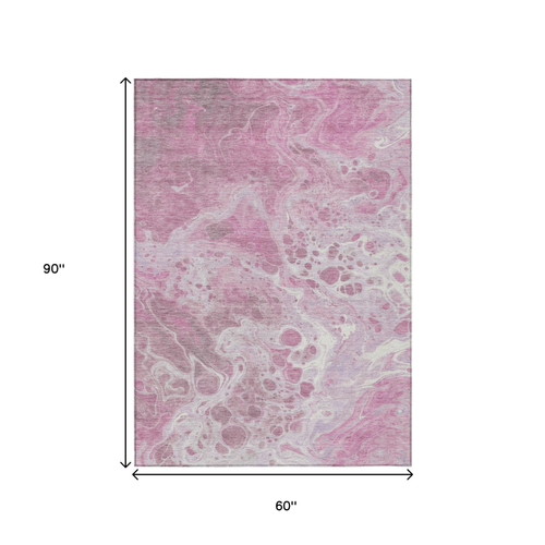 5' X 8' Pink And Ivory Abstract Washable Indoor Outdoor Area Rug