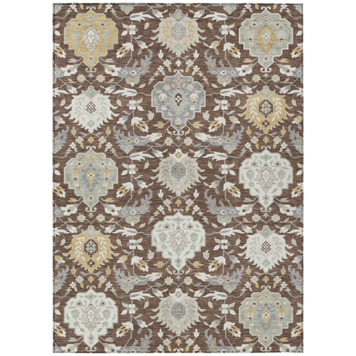 3' X 5' Brown Gray And Ivory Damask Washable Indoor Outdoor Area Rug