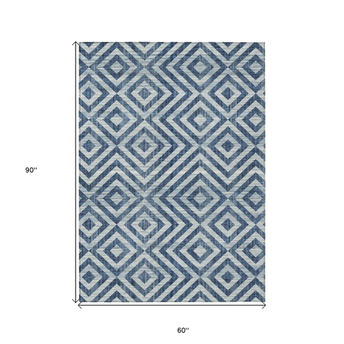 5' X 8' Navy Blue And Ivory Geometric Washable Indoor Outdoor Area Rug