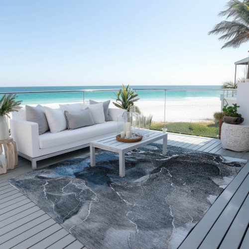 3' X 5' Ivory Blue and Gray Abstract Washable Non Skid Indoor Outdoor Area Rug