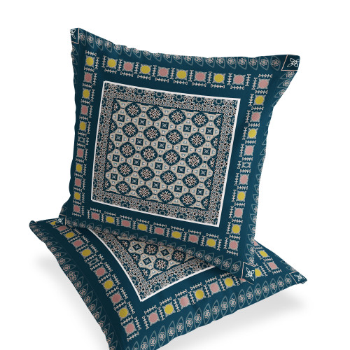 Set of Two 16" X 16" Beige and Blue Blown Seam Floral Indoor Outdoor Throw Pillow Polyester
