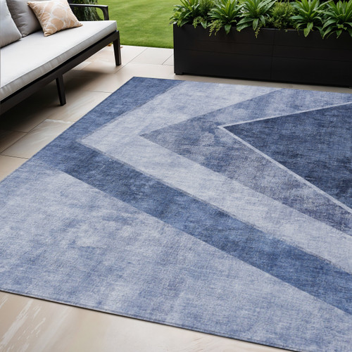 5' X 8' Navy Blue And Denim Blue Geometric Washable Indoor Outdoor Area Rug - Navy Blue, Denim Blue