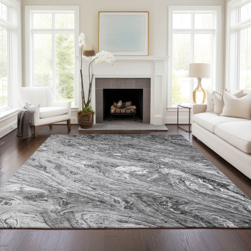 3' X 5' Gray Silver And Charcoal Abstract Washable Indoor Outdoor Area Rug