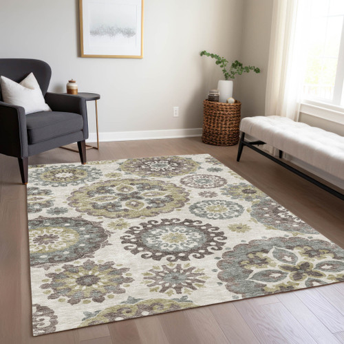 3' X 5' Beige Taupe And Brown Floral Medallion Washable Indoor Outdoor Area Rug