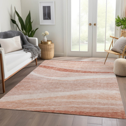 3' X 5' Salmon And Pink Abstract Washable Indoor Outdoor Area Rug