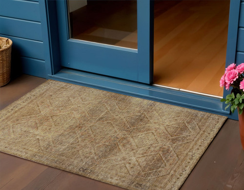 3' X 5' Khaki And Beige Geometric Washable Indoor Outdoor Area Rug - Khaki, Beige