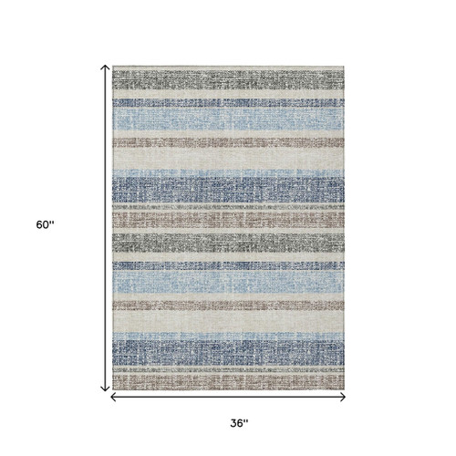 3' X 5' Navy Blue And Beige Striped Washable Indoor Outdoor Area Rug