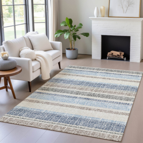 3' X 5' Navy Blue And Beige Striped Washable Indoor Outdoor Area Rug