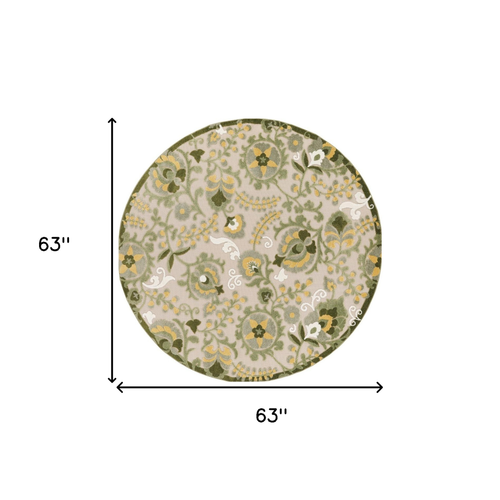 5' Ivory Green Dark Green And Yellow Round Floral Indoor Outdoor Area Rug