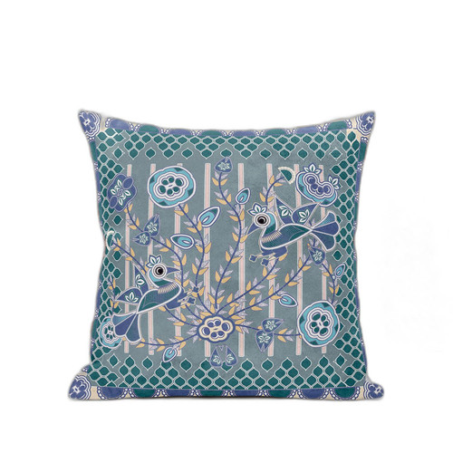26" x 26" Blue and Gray Peacock Blown Seam Floral Indoor Outdoor Throw Pillow Decor