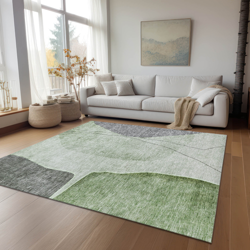 3' X 5' Olive Green And Gray Abstract Washable Indoor Outdoor Area Rug