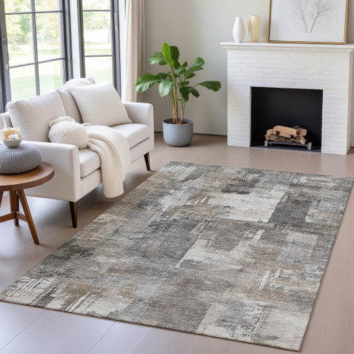 5' X 8' Pewter Khaki And Charcoal Abstract Washable Indoor Outdoor Area Rug