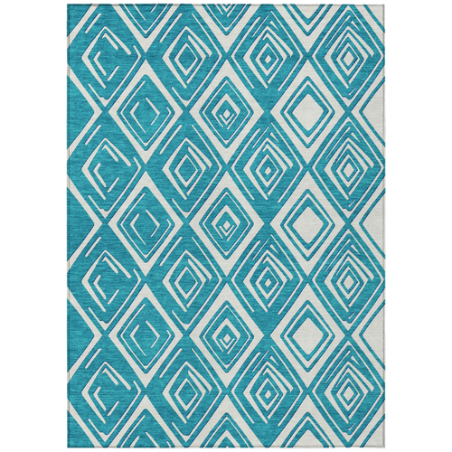 5' X 8' Teal Blue And Ivory Geometric Washable Indoor Outdoor Area Rug