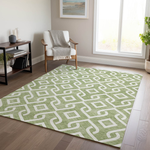 5' X 8' Green And Ivory Geometric Washable Indoor Outdoor Area Rug