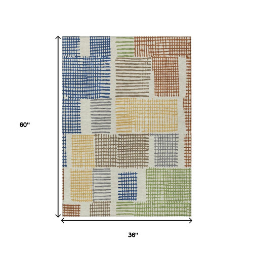 3' X 5' Beige Gold And Blue Geometric Washable Indoor Outdoor Area Rug