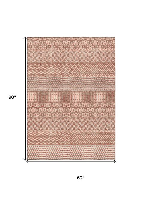 5' X 8' Salmon And Ivory Chevron Washable Indoor Outdoor Area Rug