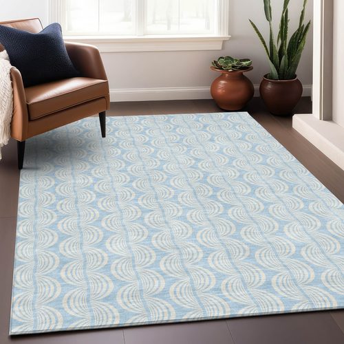 5' X 8' Sky Blue And Beige Ogee Washable Indoor Outdoor Area Rug