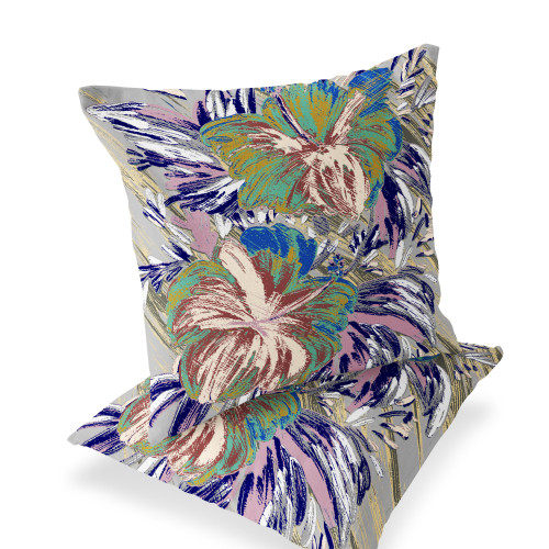 Set of Two 16" X 16" Green and White Blown Seam Floral Indoor Outdoor Throw Pillow Polyester Modern Style