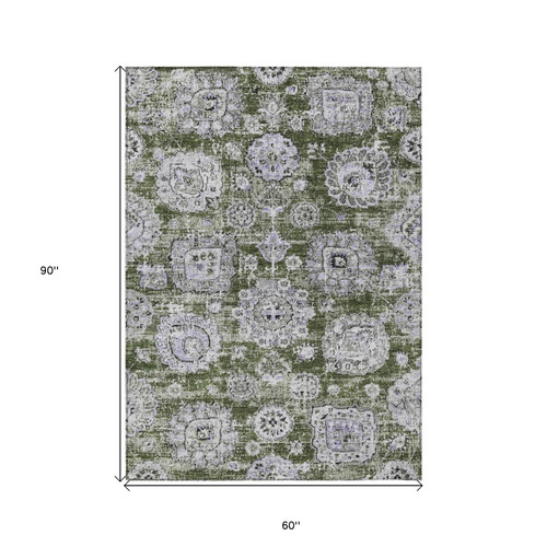 5' X 8' Olive Green And Gray Floral Washable Indoor Outdoor Area Rug