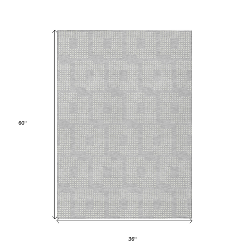 3' X 5' Silver And Ivory Geometric Washable Indoor Outdoor Area Rug