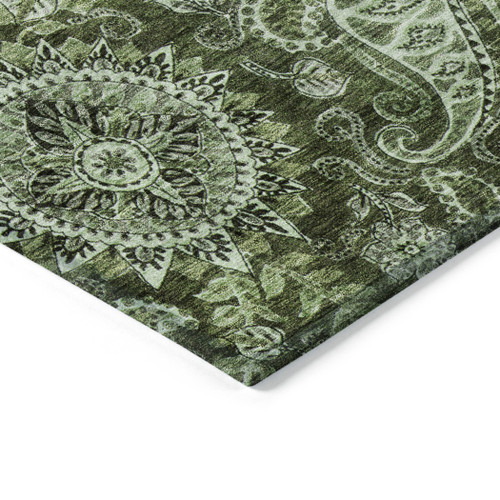 5' X 8' Olive Green Charcoal And Gray Floral Medallion Washable Indoor Outdoor Area Rug