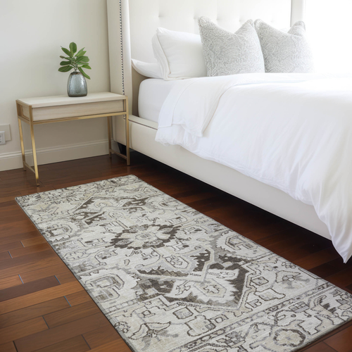 8' Runner Ivory and Dark Brown Oriental Washable Non Skid Indoor Outdoor Runner Rug
